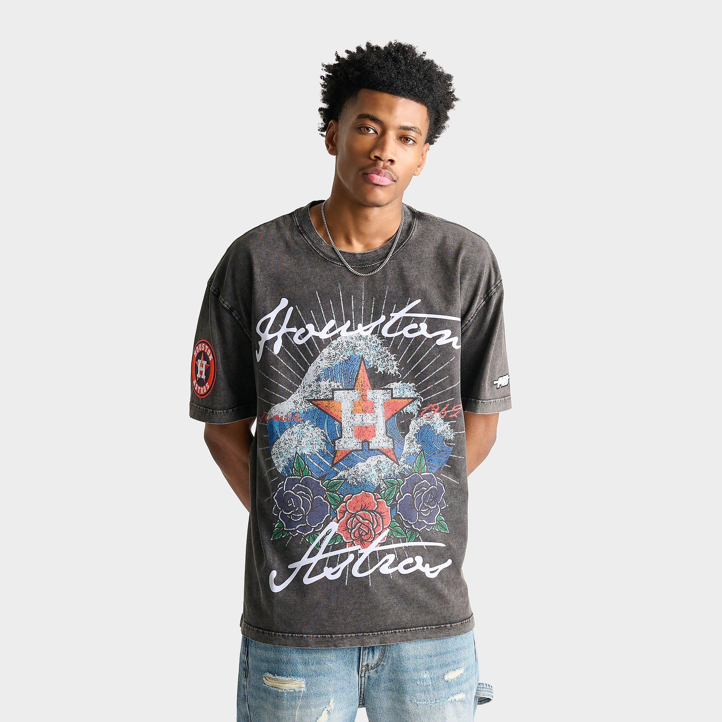 Pro Standard Men's Houston Astros MLB Wave And Roses Graphic T-Shirt in Washed Black Size: Small