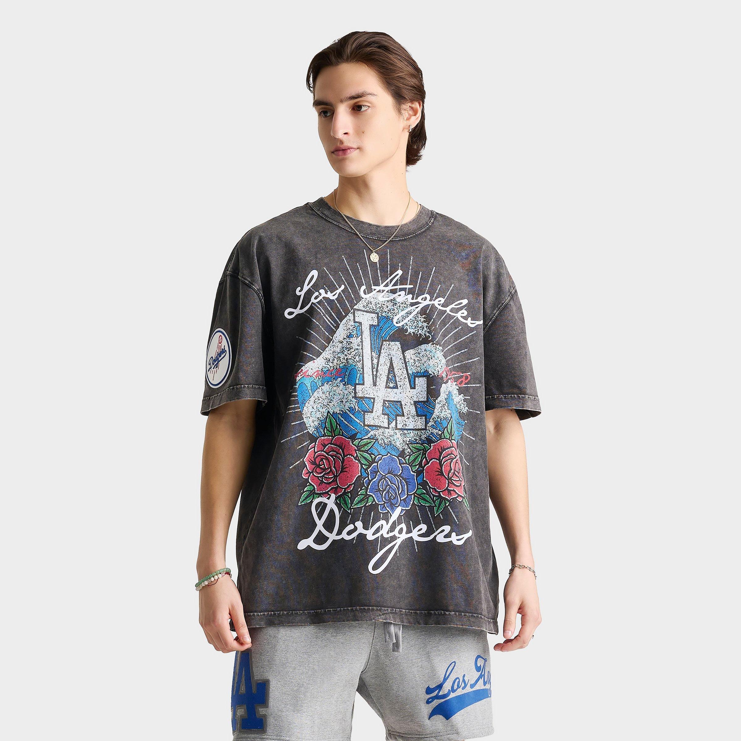 Pro Standard Men's Los Angeles Dodgers MLB Wave And Roses Graphic T-Shirt in Washed Black Size: Small