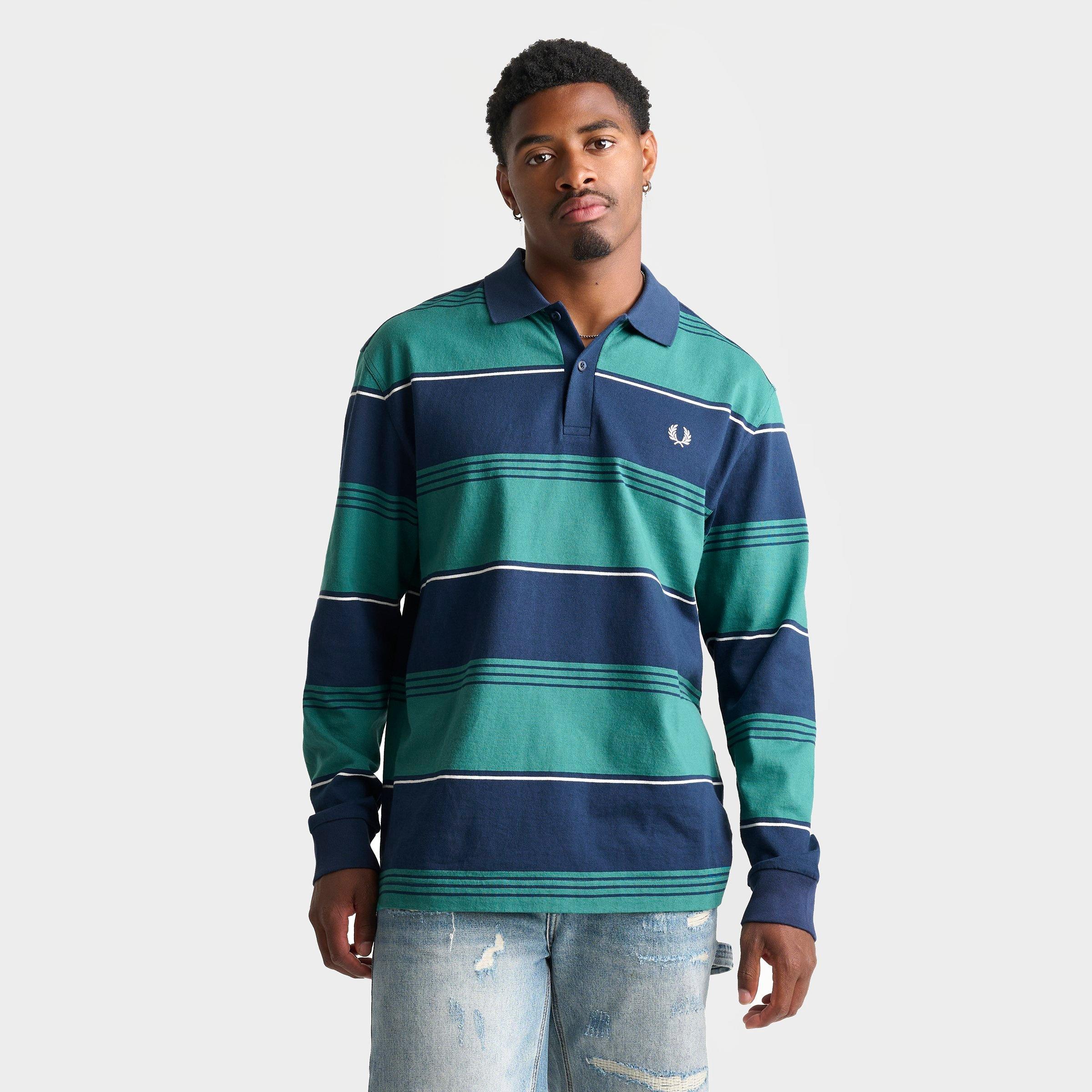 Fred Perry Men's Heavyweight Striped Long-Sleeve Polo Shirt in Tennis Blue Size: Medium