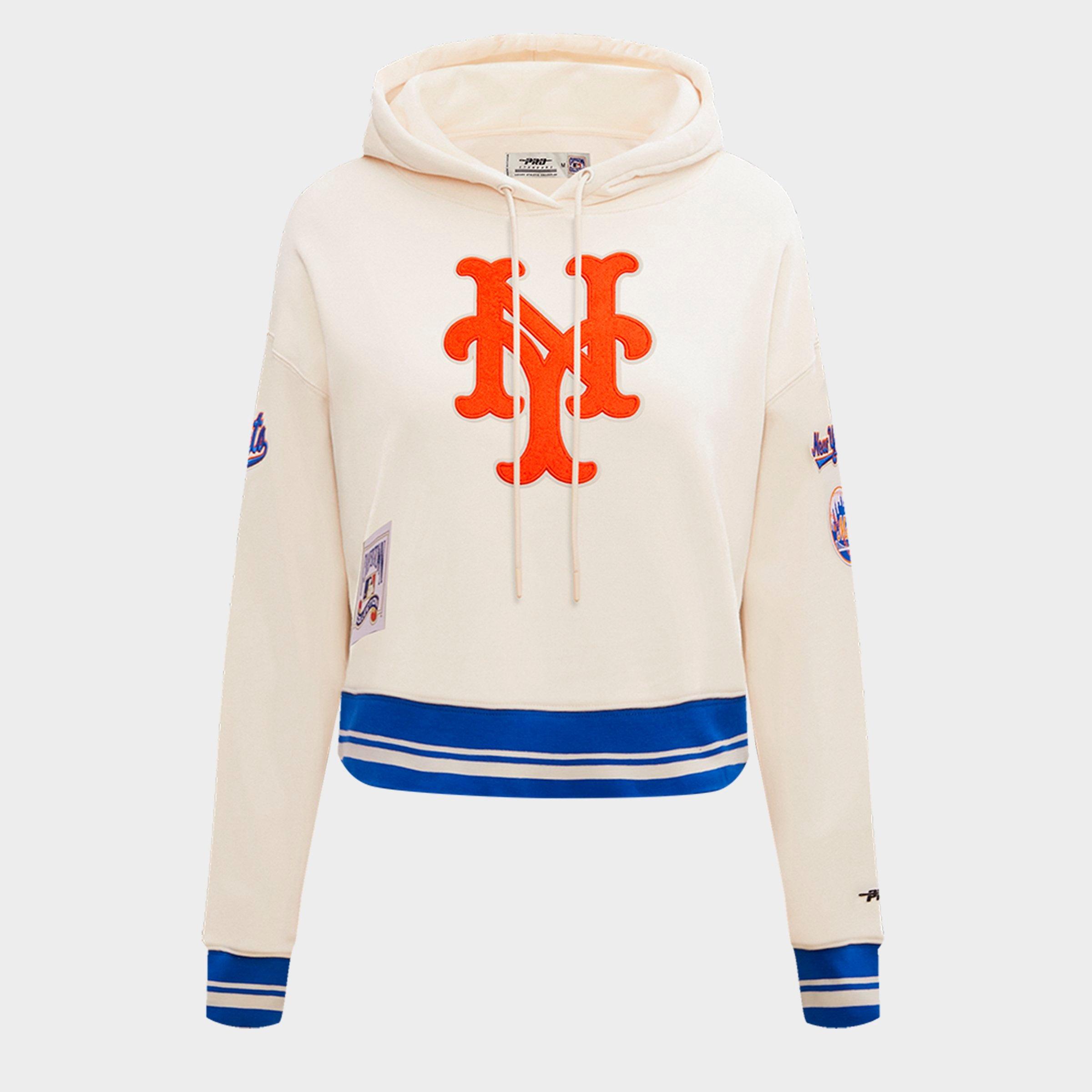 Pro Standard Women's New York Mets MLB Retro Classic Fleece Cropped Pullover Hoodie in Eggshell/Royal Blue Size: XS