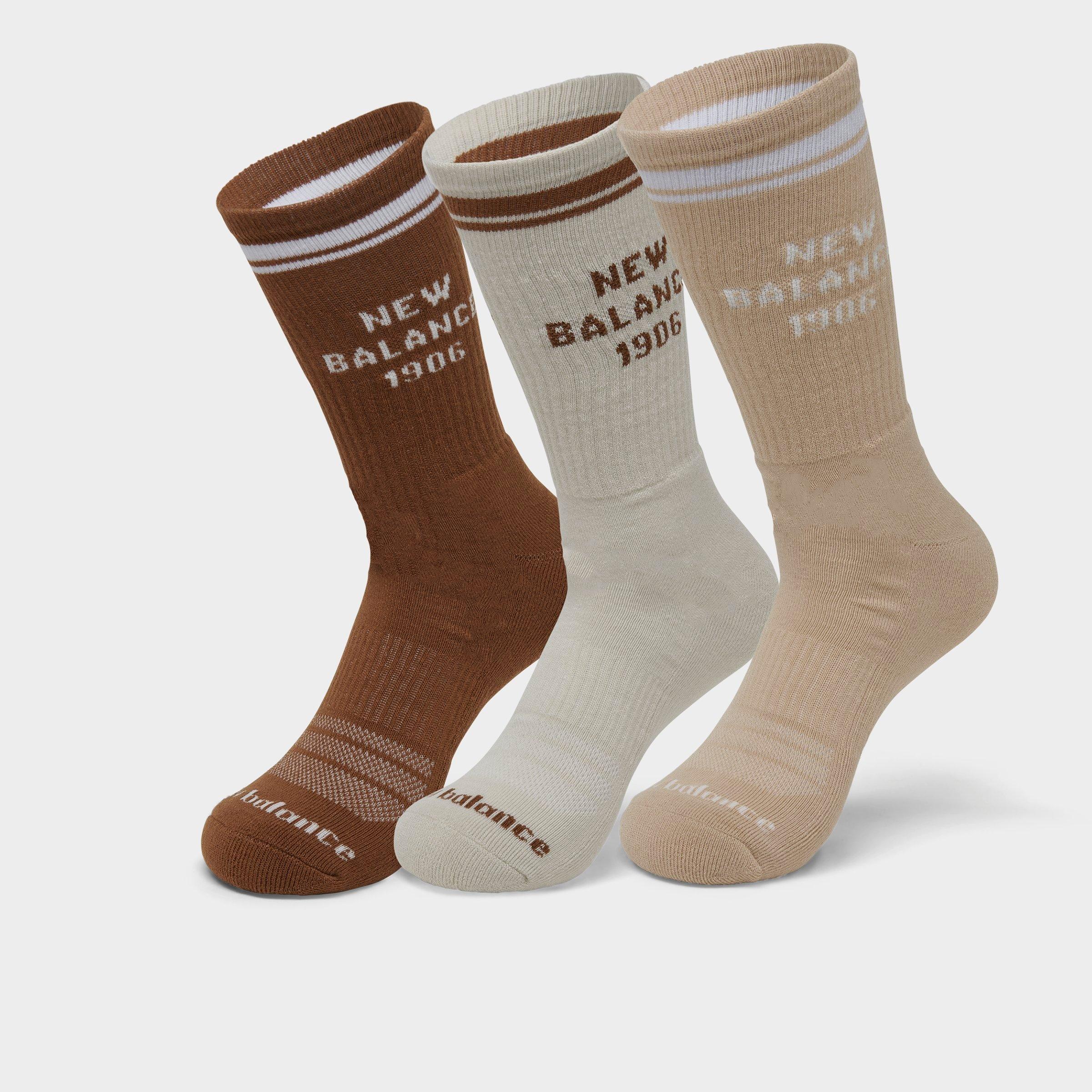 New Balance Verbiage Crew Socks (3-Pack) in Brown/Off White/Khaki Size: Small/Medium