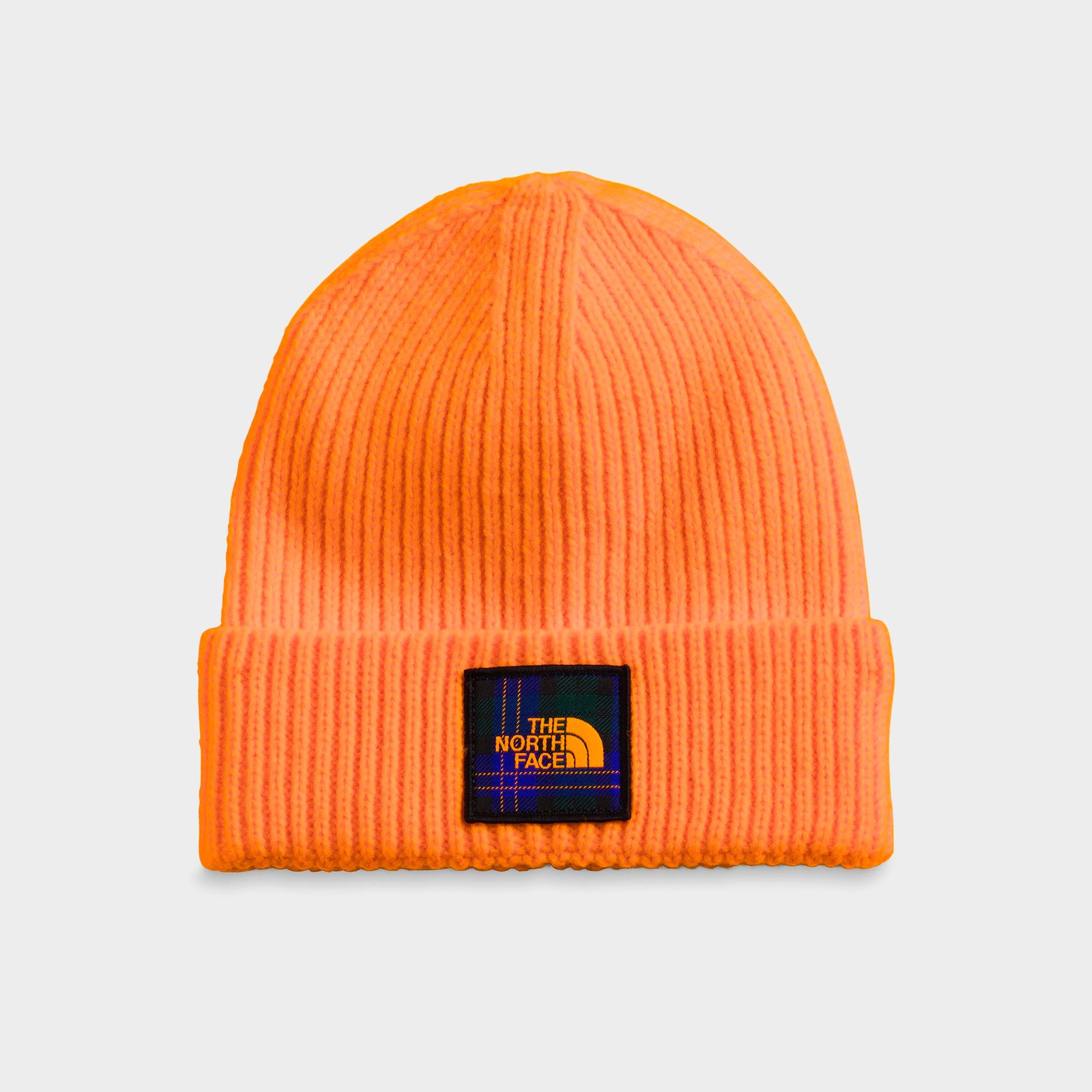 The North Face Logo Box Cuffed Beanie In Cone Orange/ponderosa Green