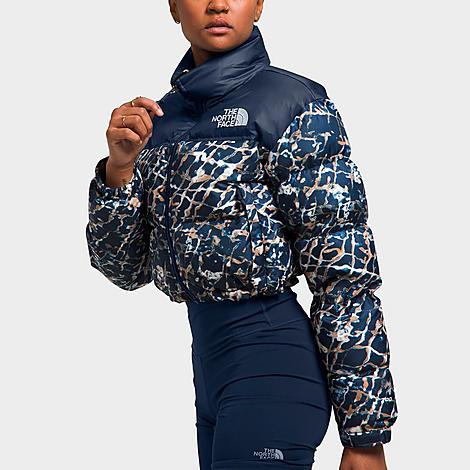 The North Face Inc Women's Nuptse Short Jacket In Dusty Periwinkle Water Distortion Small Print/summit Navy