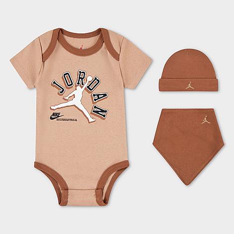 Nike Babies' Jordan Infant Varsity Logo Bodysuit, Hat And Bib Gift Box Set (3-piece) In Light Brown/wheat