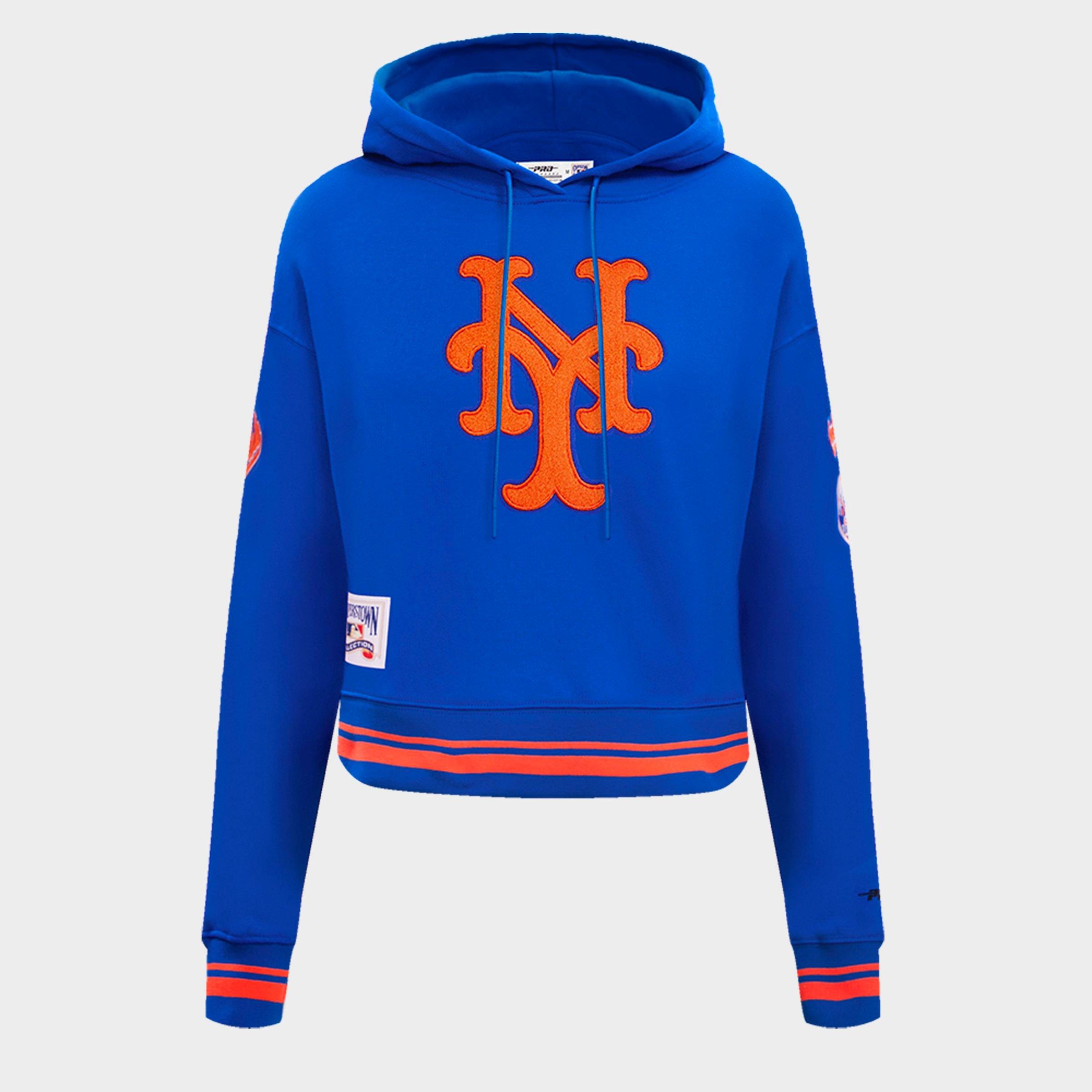 Pro Standard Women's New York Mets MLB Retro Classic Fleece Cropped Pullover Hoodie in Royal/Orange/Royal Size: XS