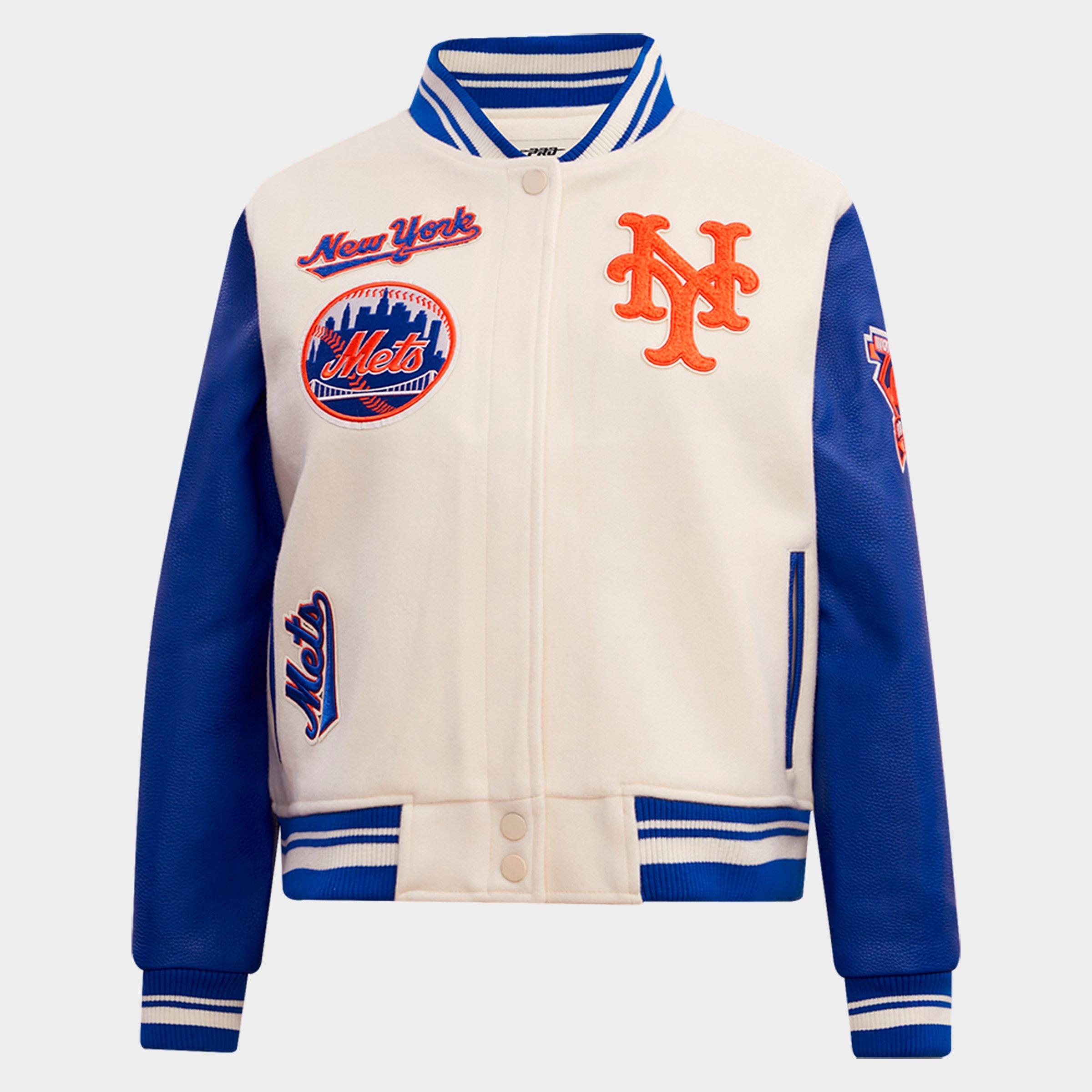 Pro Standard Women's New York Mets MLB Mash Up Rib Wool Varsity Jacket in Eggshell/Royal Blue Size: XS