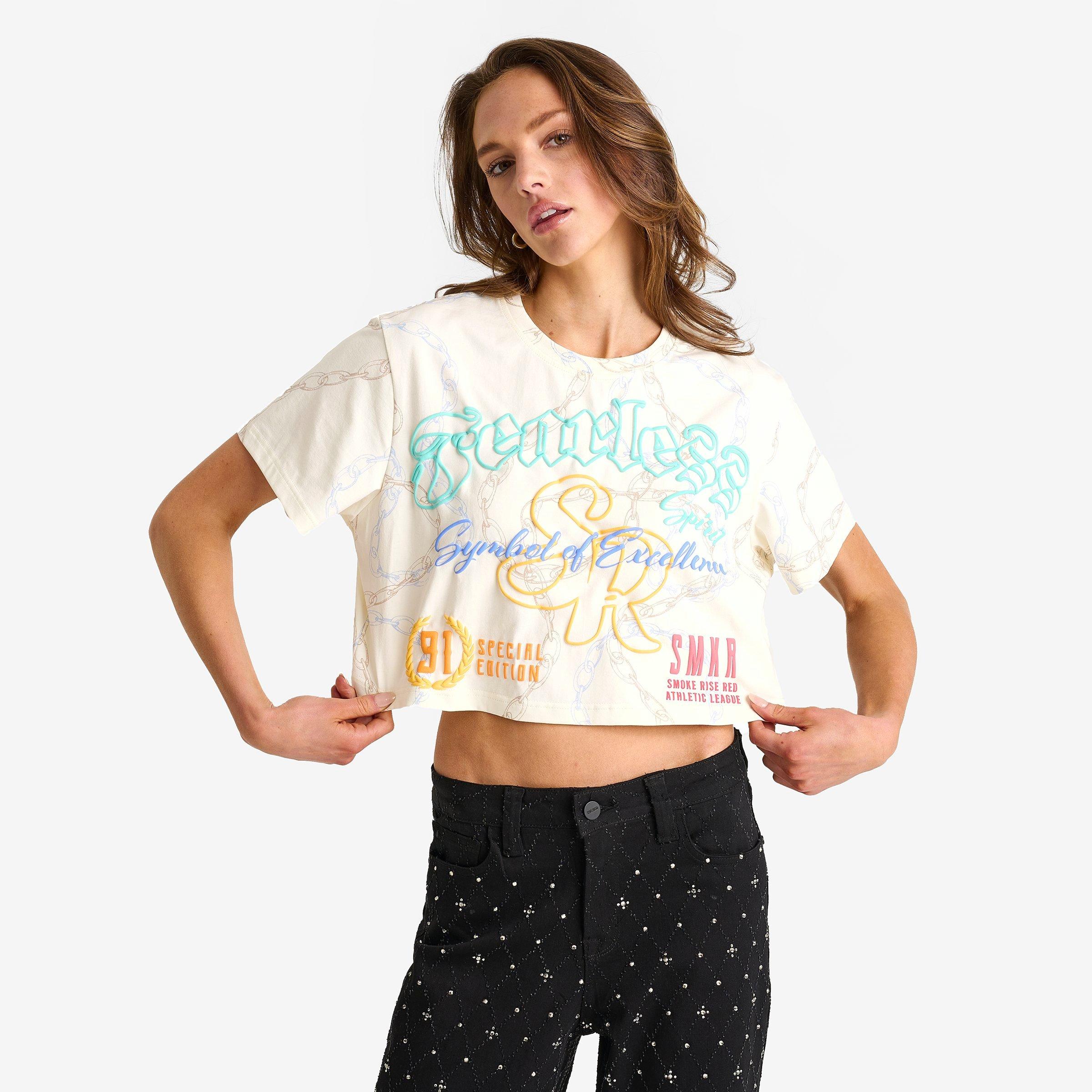 Smoke Rise Women's Ayla Cropped T-Shirt in Light Beige/Multi Size: Small
