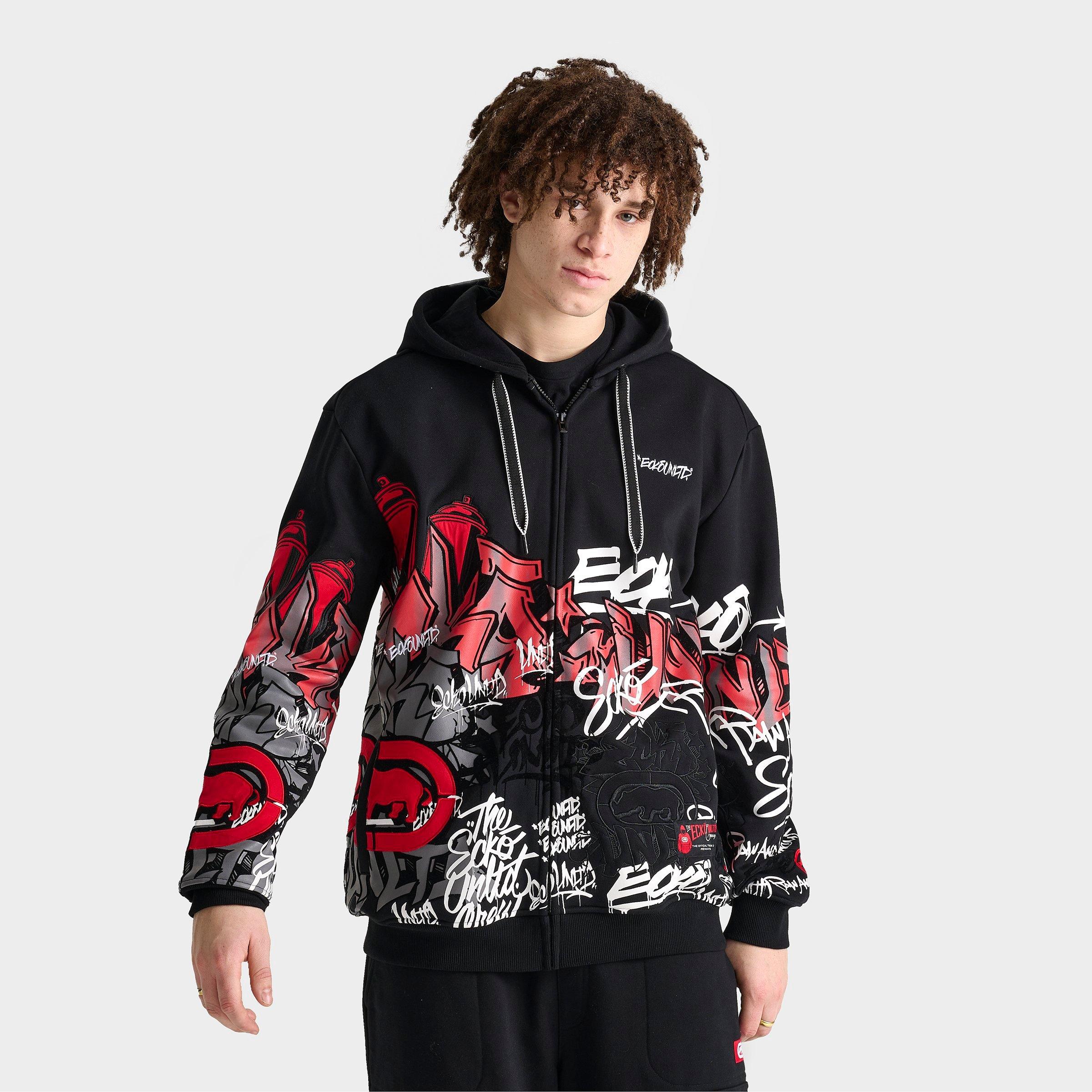 Ecko Unltd Men's Ecko Graffiti Graphic Full-Zip Hoodie in Black/Black Size Large Cotton/Polyester/Fleece