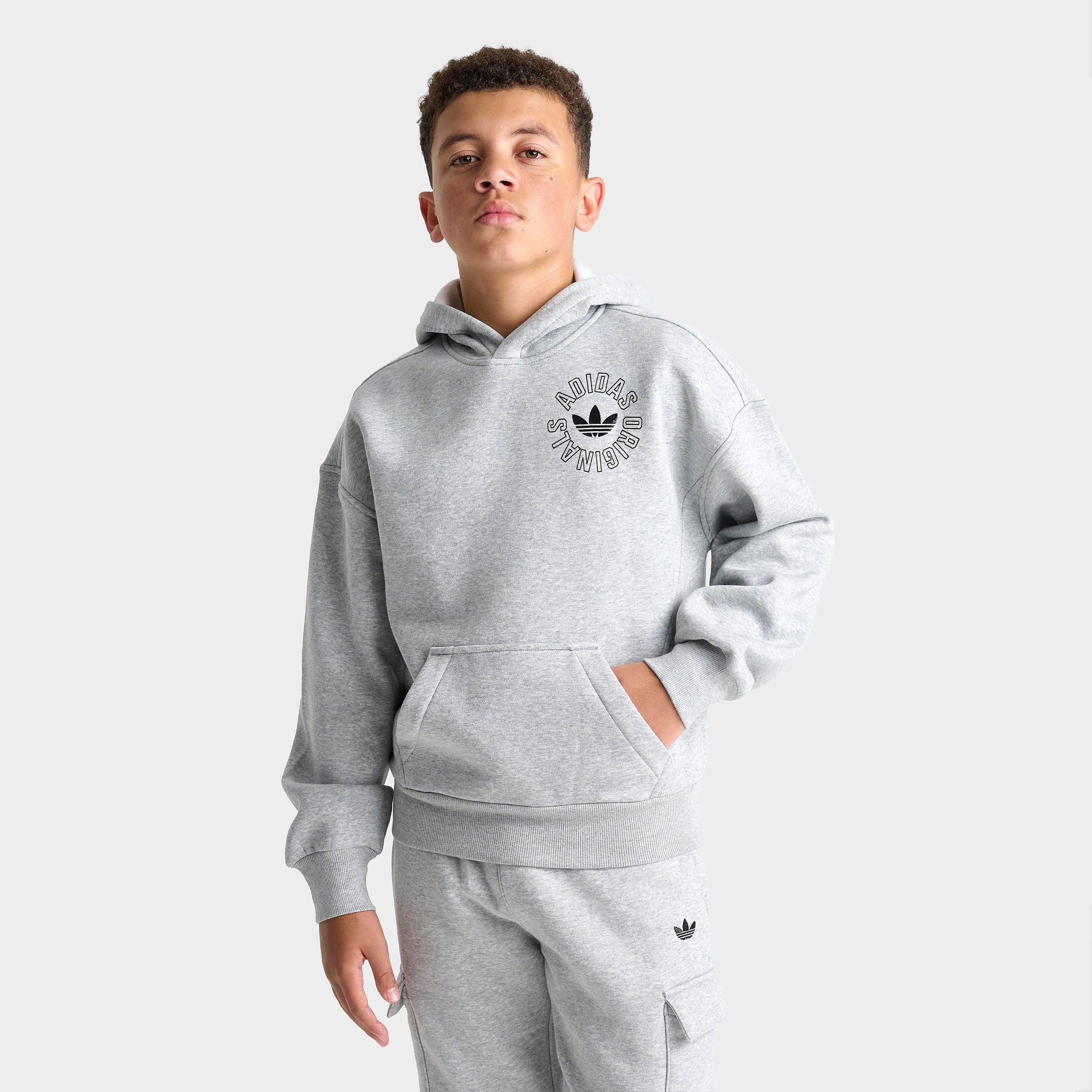 adidas Big Kids Originals Emblem Ring Hoodie in Medium Grey Heather Size: Small