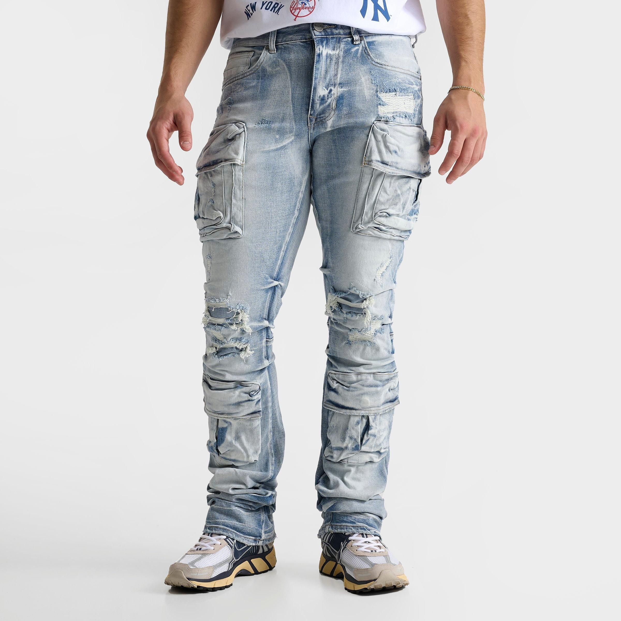 Smoke Rise Men's Distressed Stacked Flare Cargo Denim Jeans in Blue/Santorini Blue Size 32