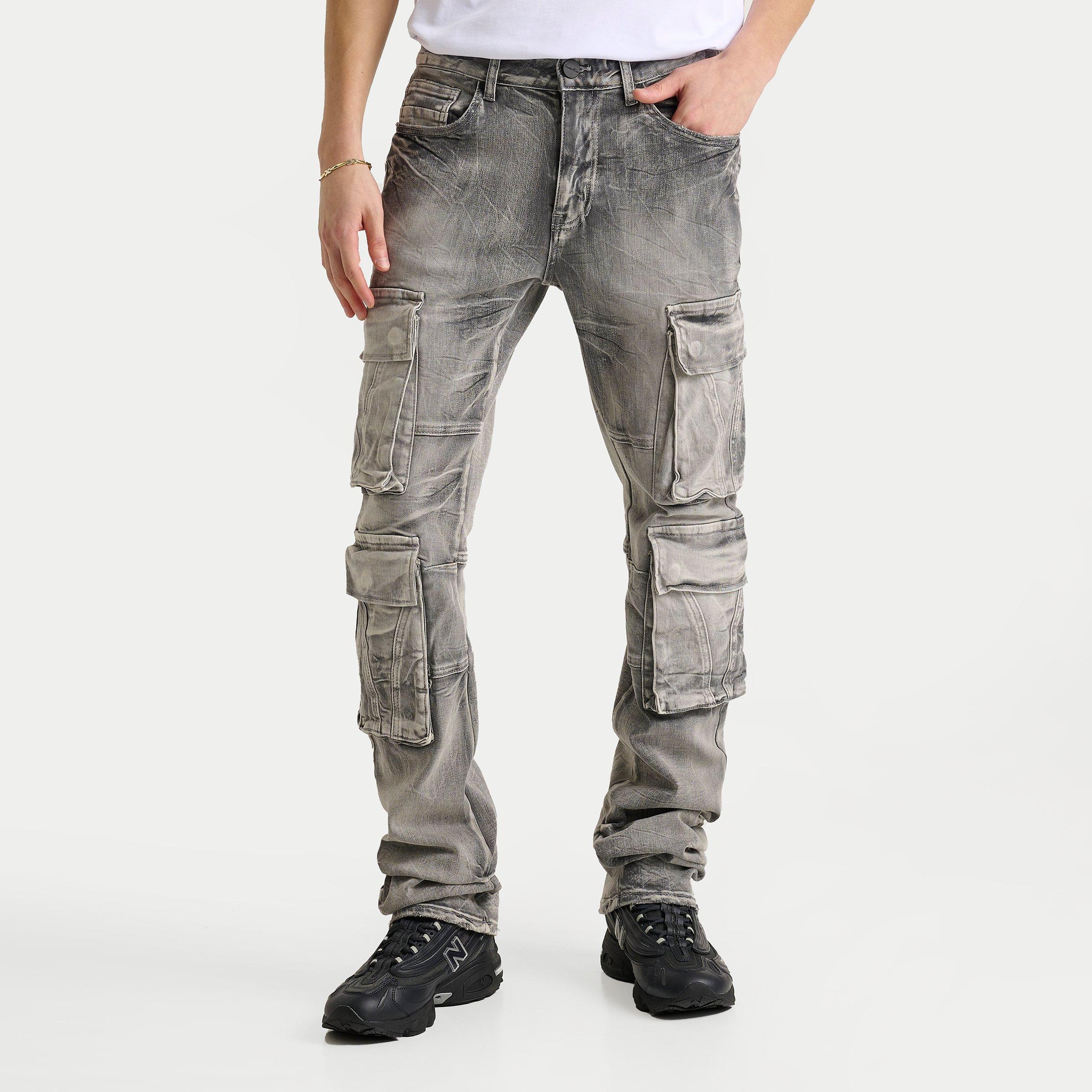 Smoke Rise Men's Stacked Utility Cargo Denim Jeans in Grey/Union Grey Size 36 Cotton/Denim/Spandex