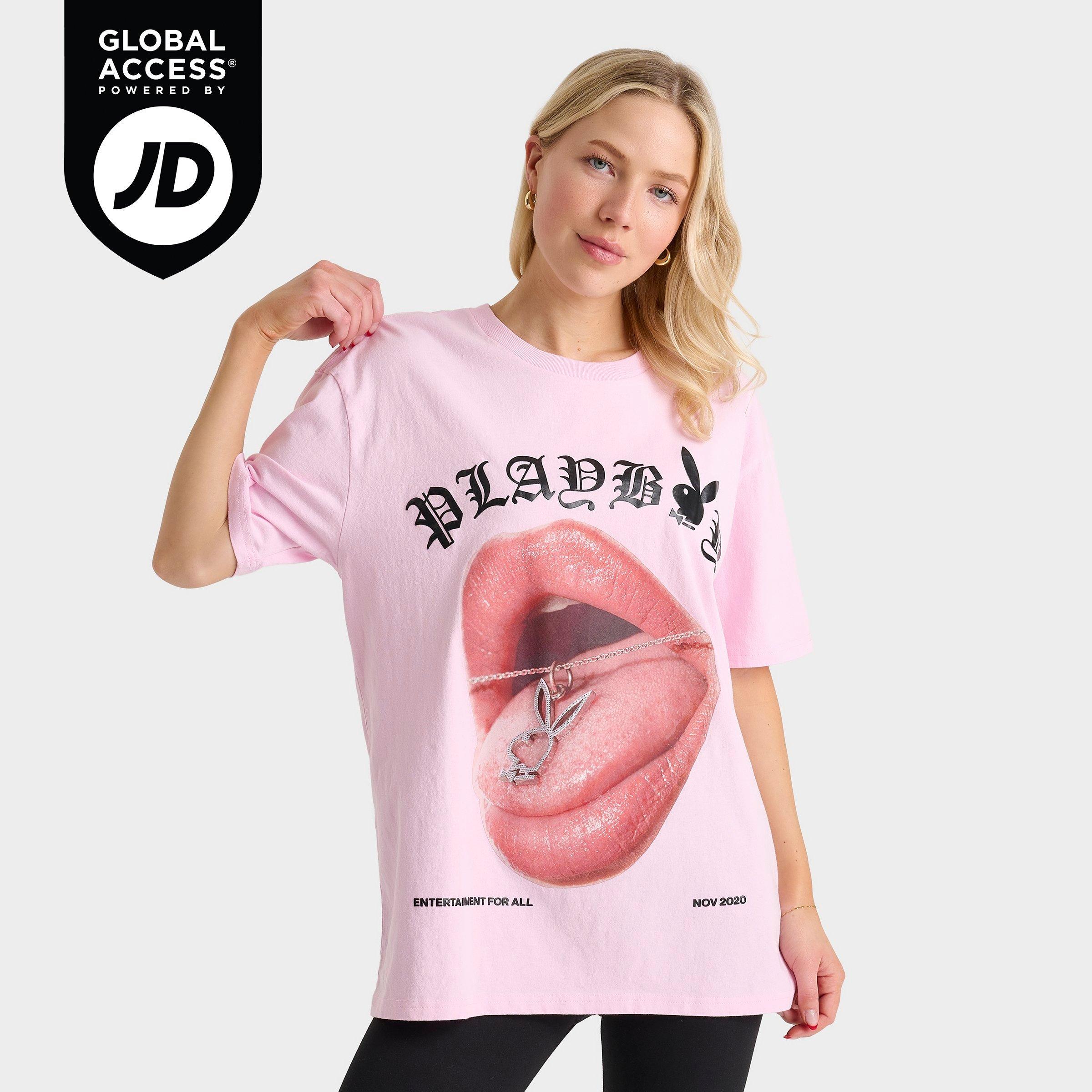 Playboy Women's Diamante Necklace Boyfriend T-Shirt in Pink Size: XS