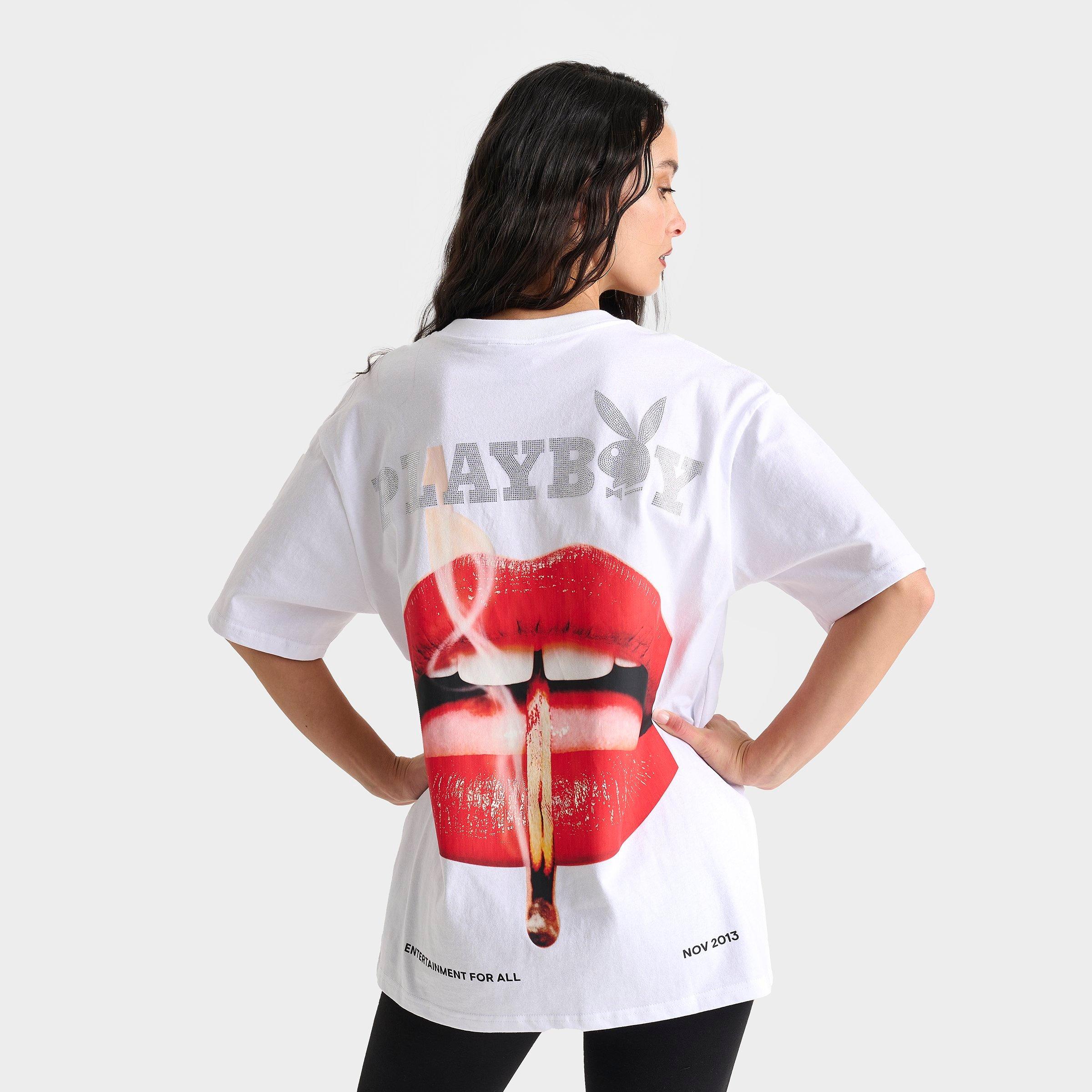 Playboy Women's Smoke Lips Boyfriend T-Shirt in White Size: XS