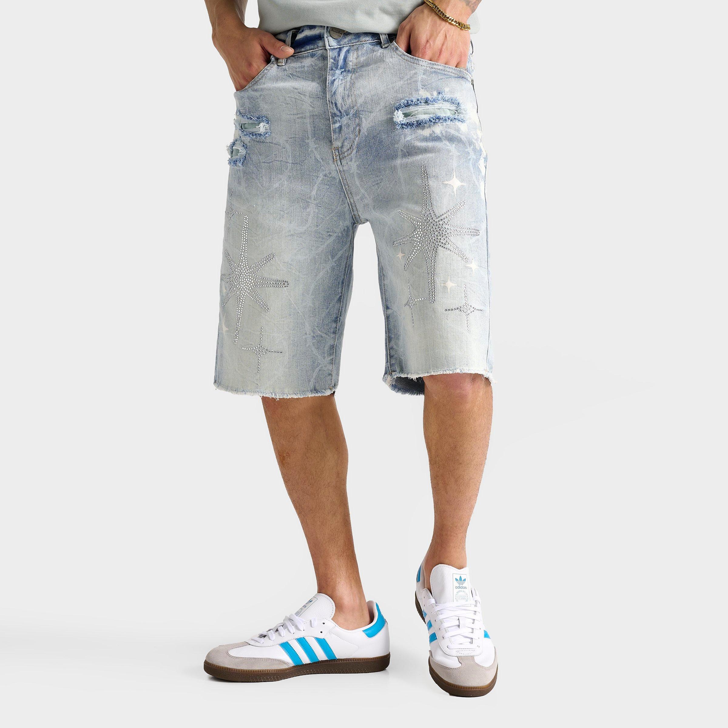 Supply And Demand Men's Smoke Rise Washed Rhinestone Denim Shorts in Blue/Cobra Blue Size 34