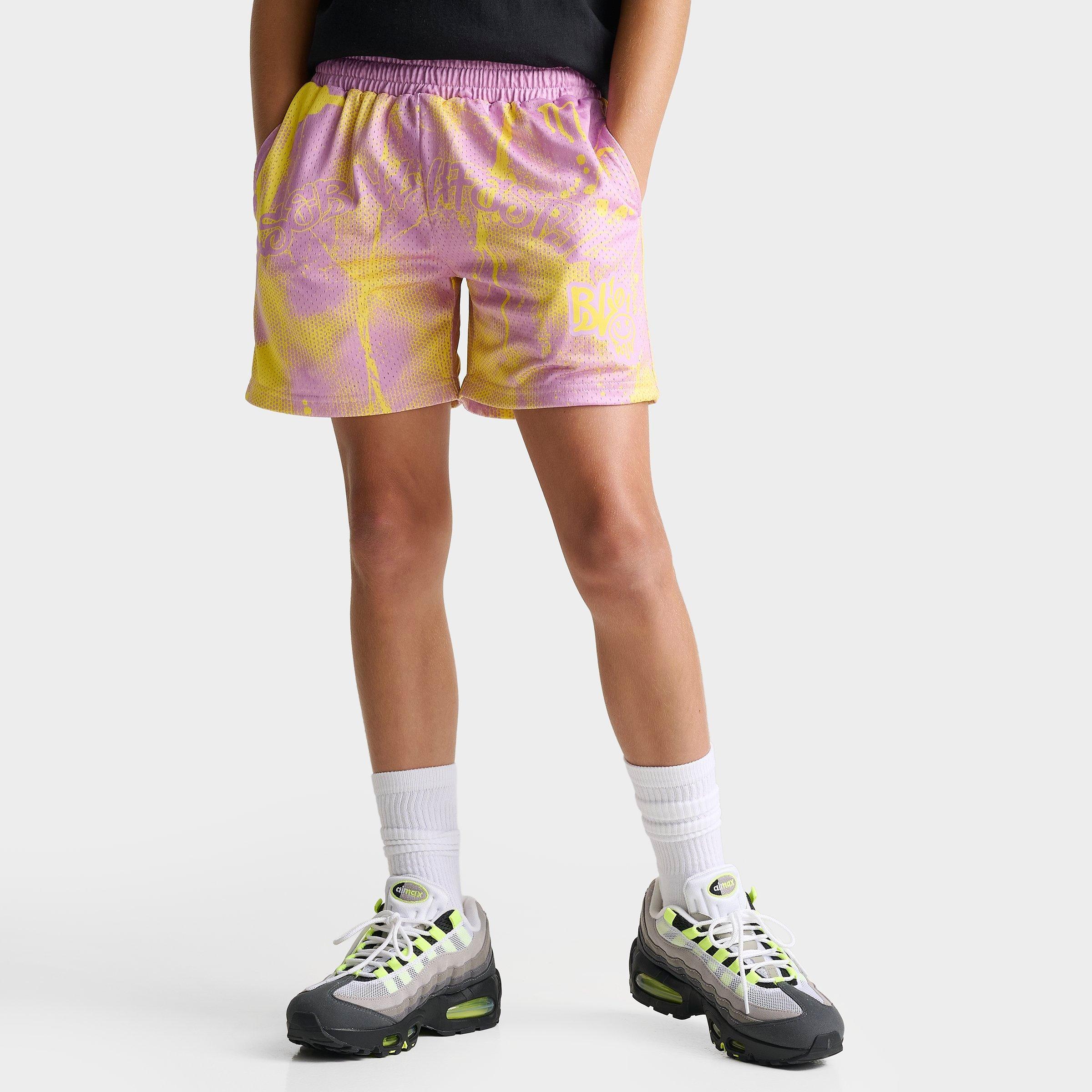 Baseball Lifestyle 101 Big Kids Retro Graffiti Mesh Shorts in Pink/Yellow Size: Small