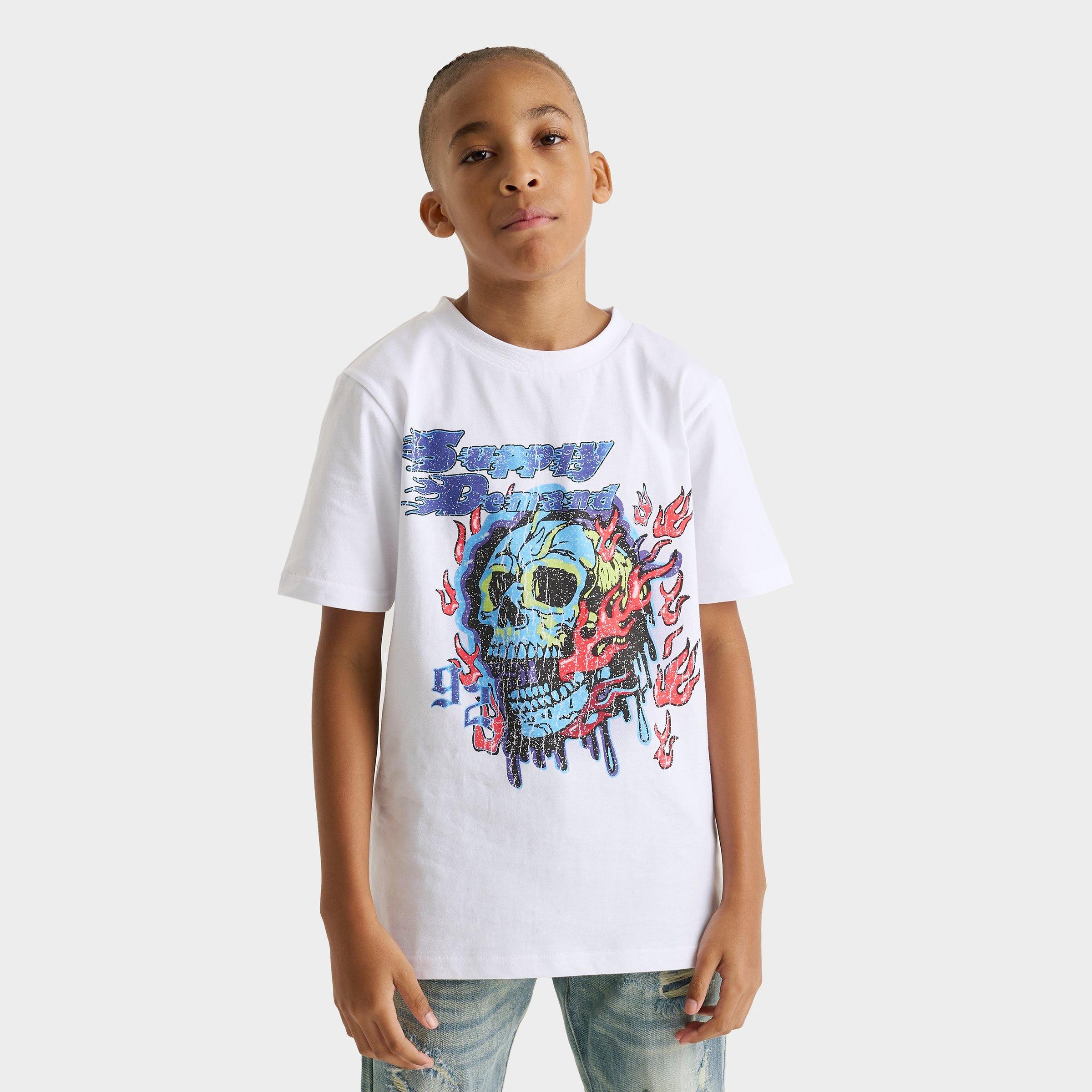 Supply & Demand Big Kids Flaming Skull Graphic T-Shirt in Optic White Size: Small
