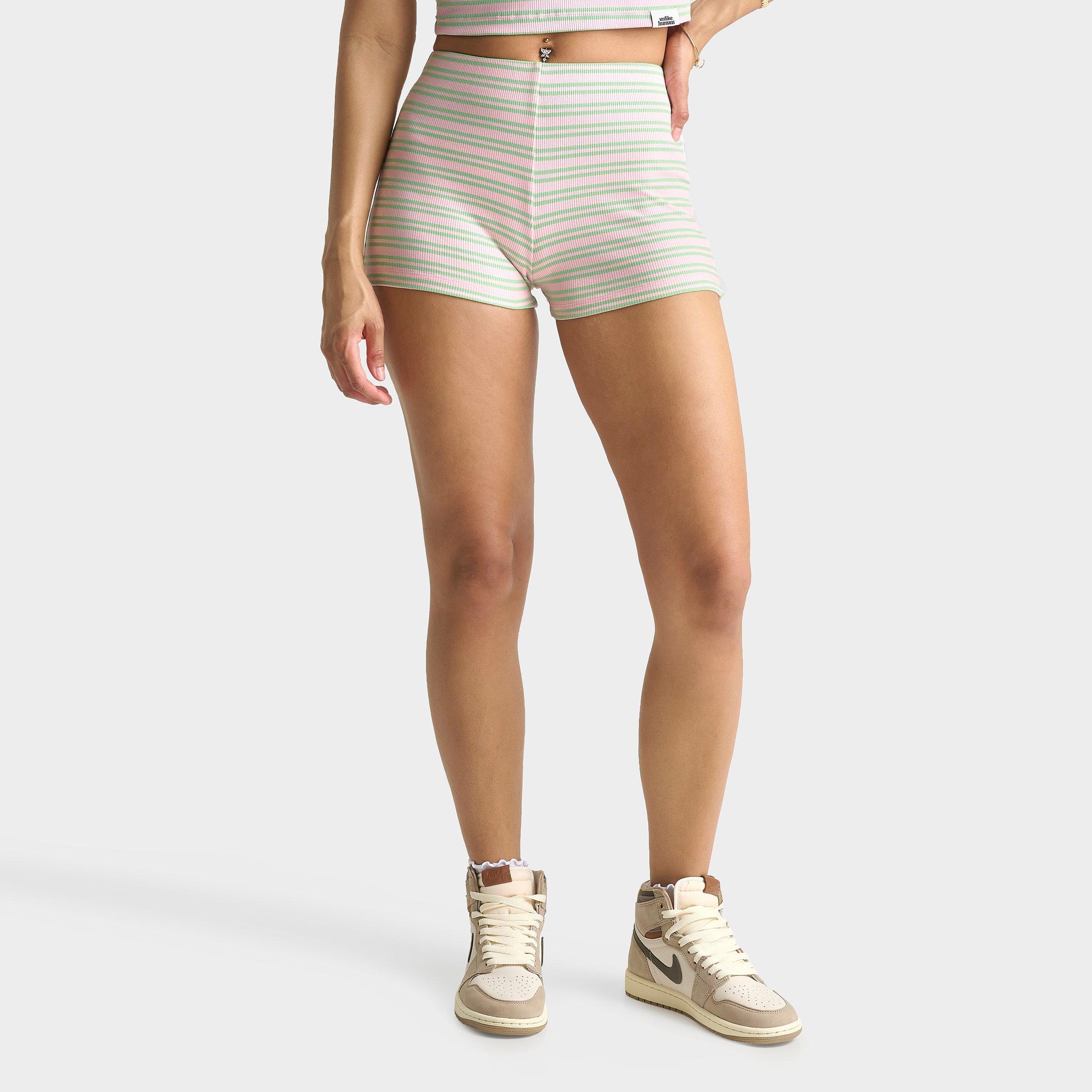 Unlike Humans Women's Ribbed Striped Mini Shorts in Pink/Green Size: Large
