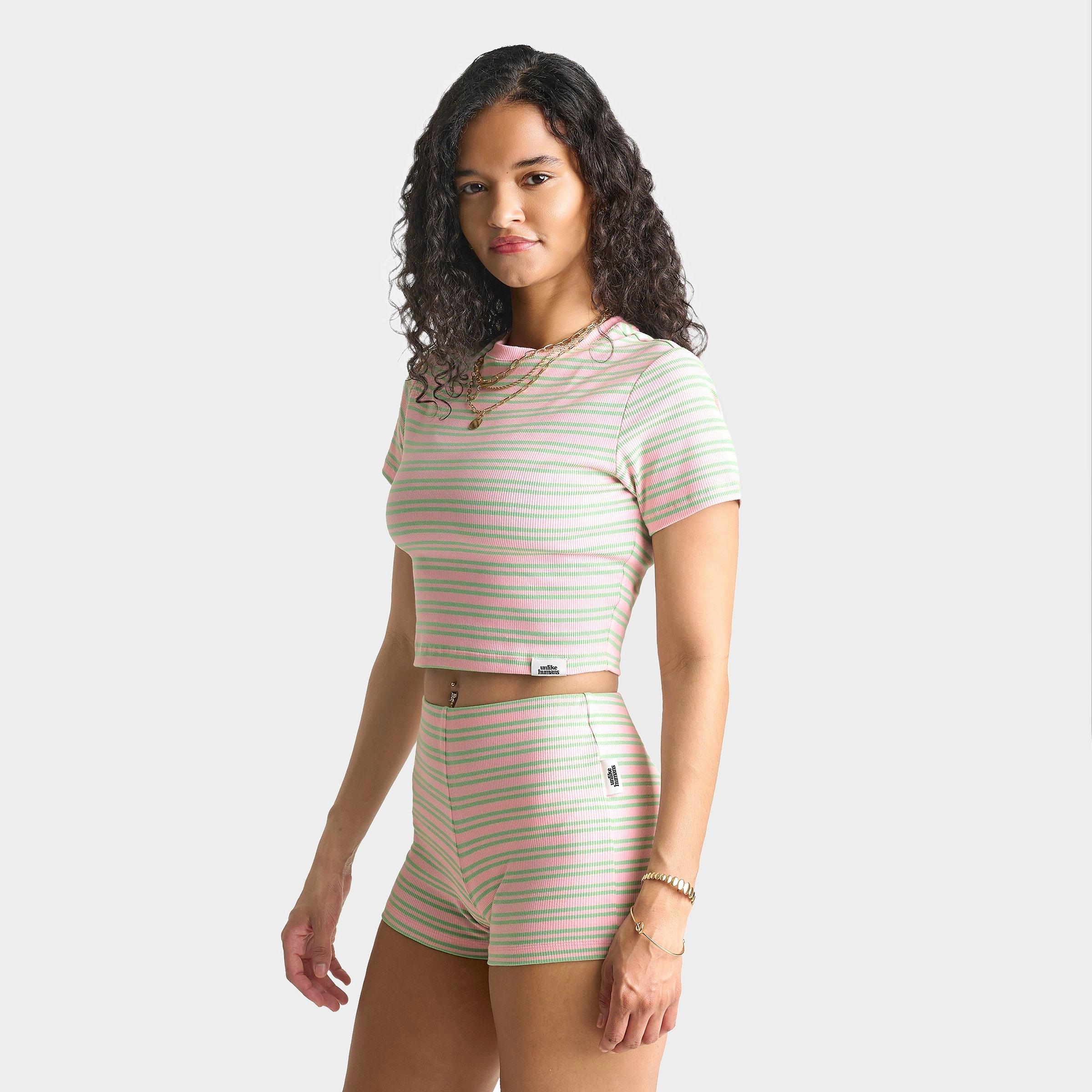 Unlike Humans Women's Ribbed Striped Baby T-Shirt in Pink/Green Size: Medium
