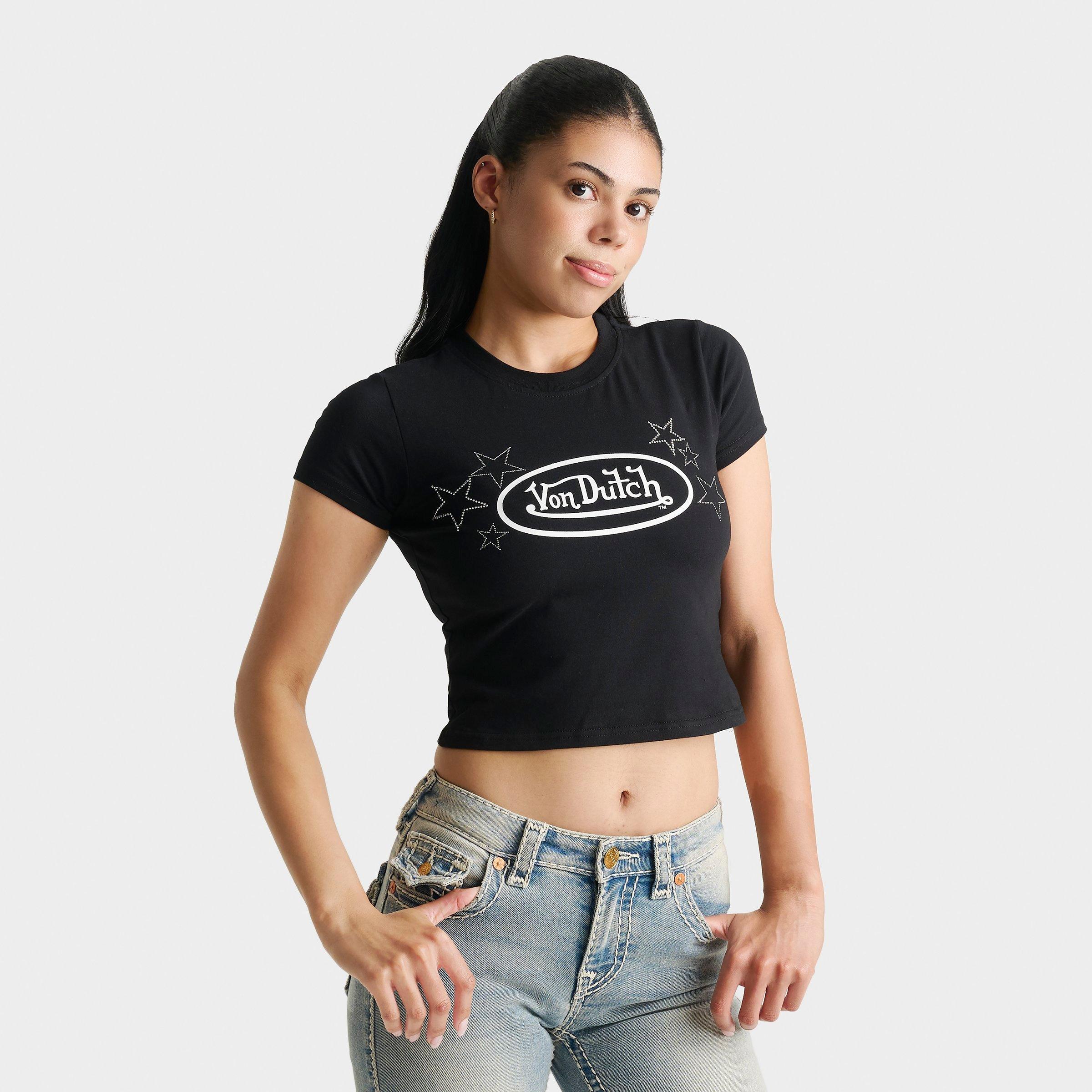 Von Dutch Women's Rhinestone Baby T-Shirt in Black Size: Small