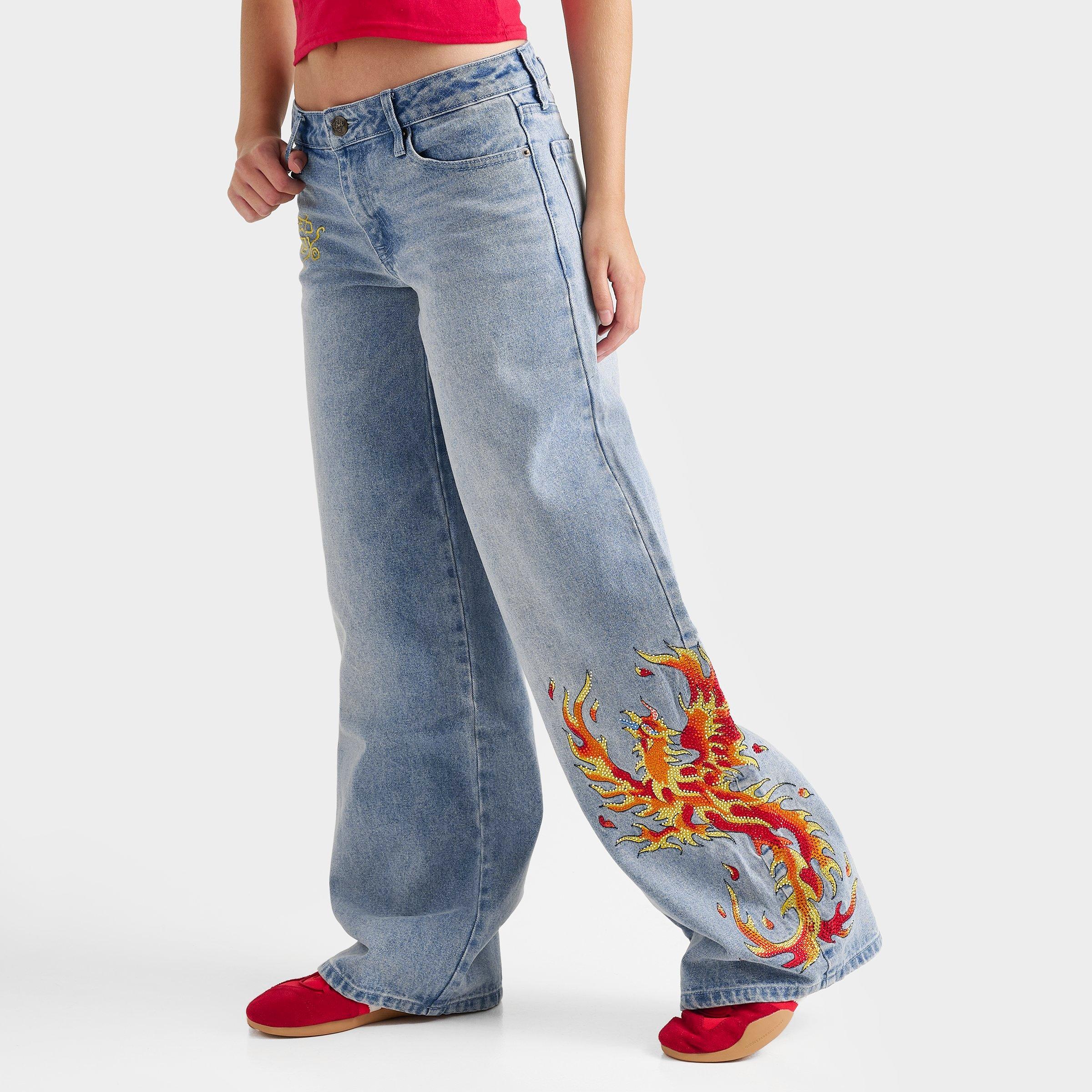 Ed Hardy Women's Rhinestone Phoenix Eagle Baggy Jeans