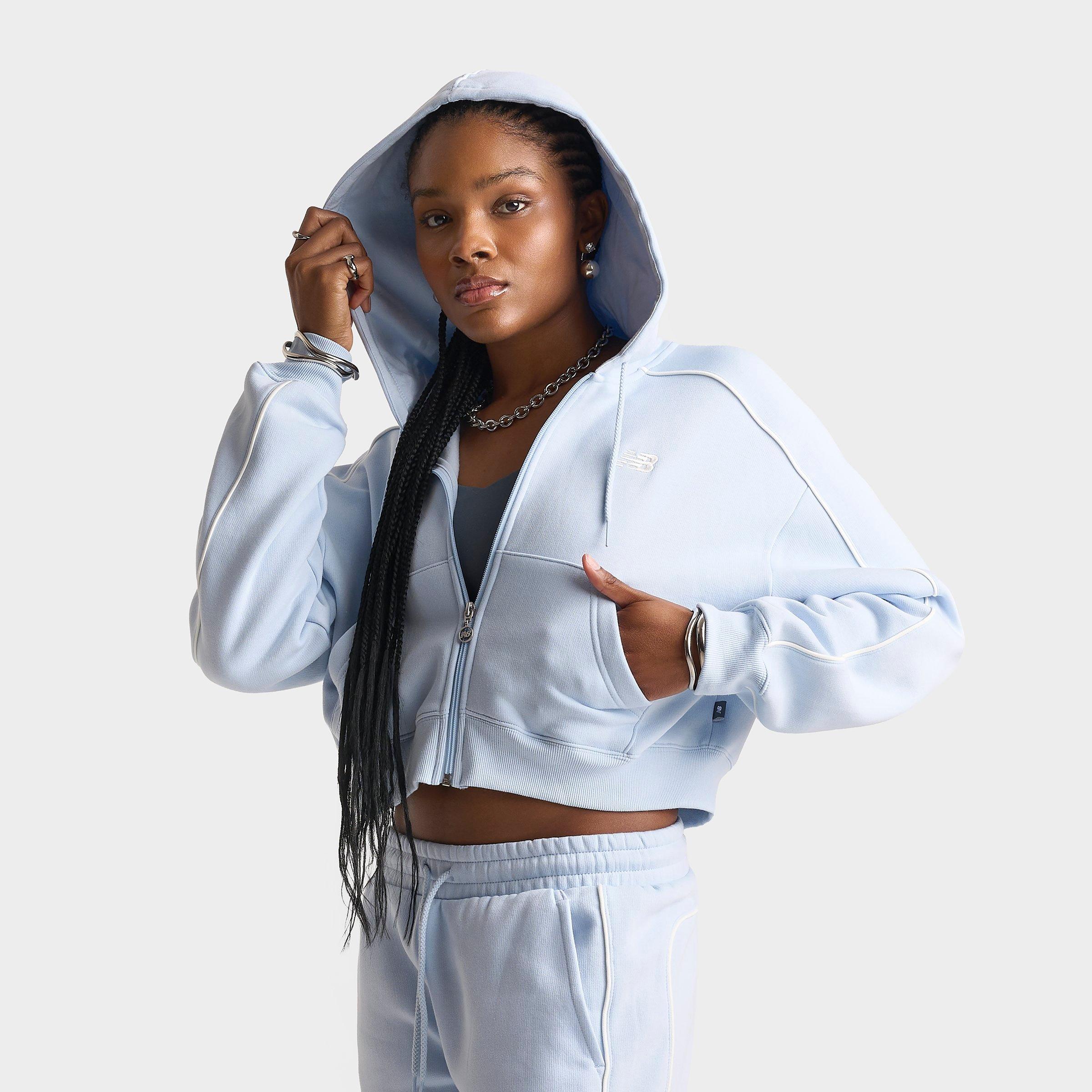New Balance Women's Piped Cropped Full-Zip Hoodie in Oxford Blue Size: Large