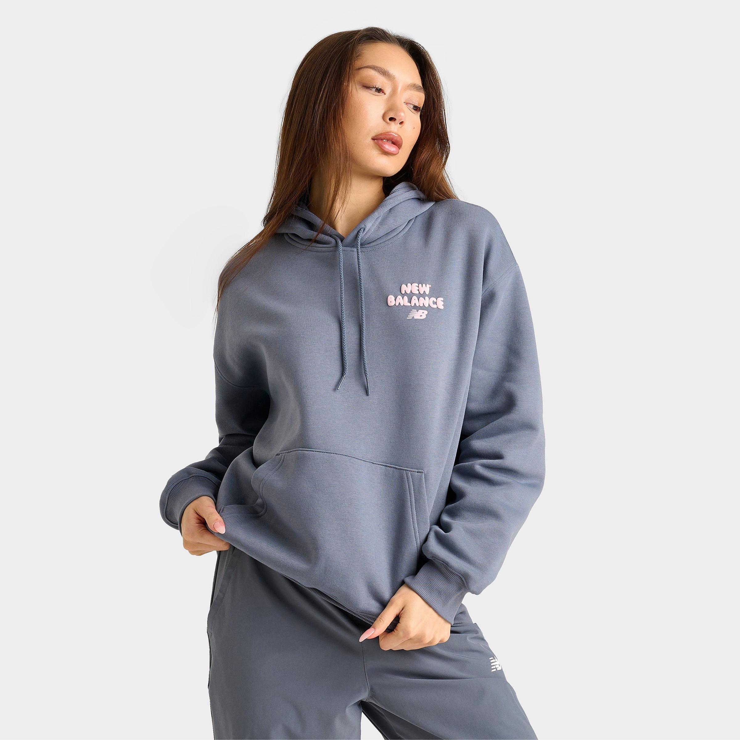 New Balance Women's Bubble Heart Graphic Pullover Hoodie in Grey/Dark Arctic Size Medium Fleece