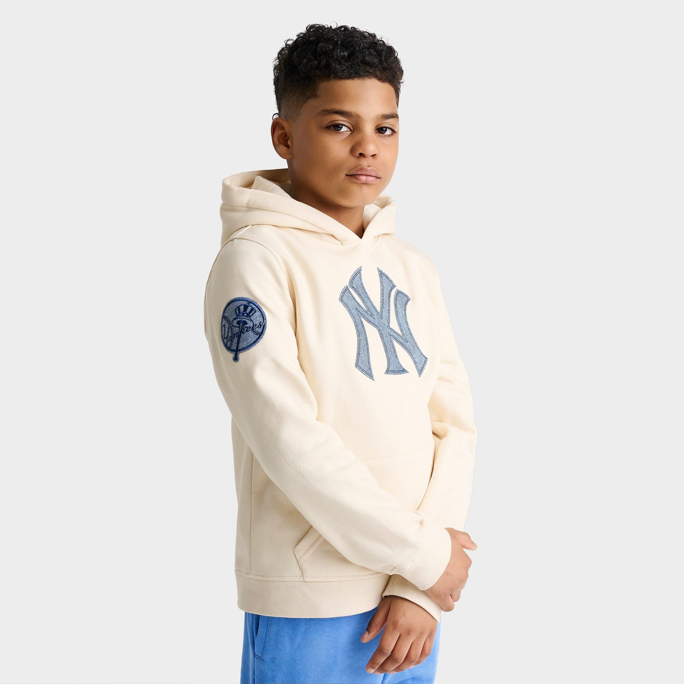 Pro Standard Big Kids New York Yankees MLB Denim Patch Pullover Hoodie in Off White/Denim Size: Small