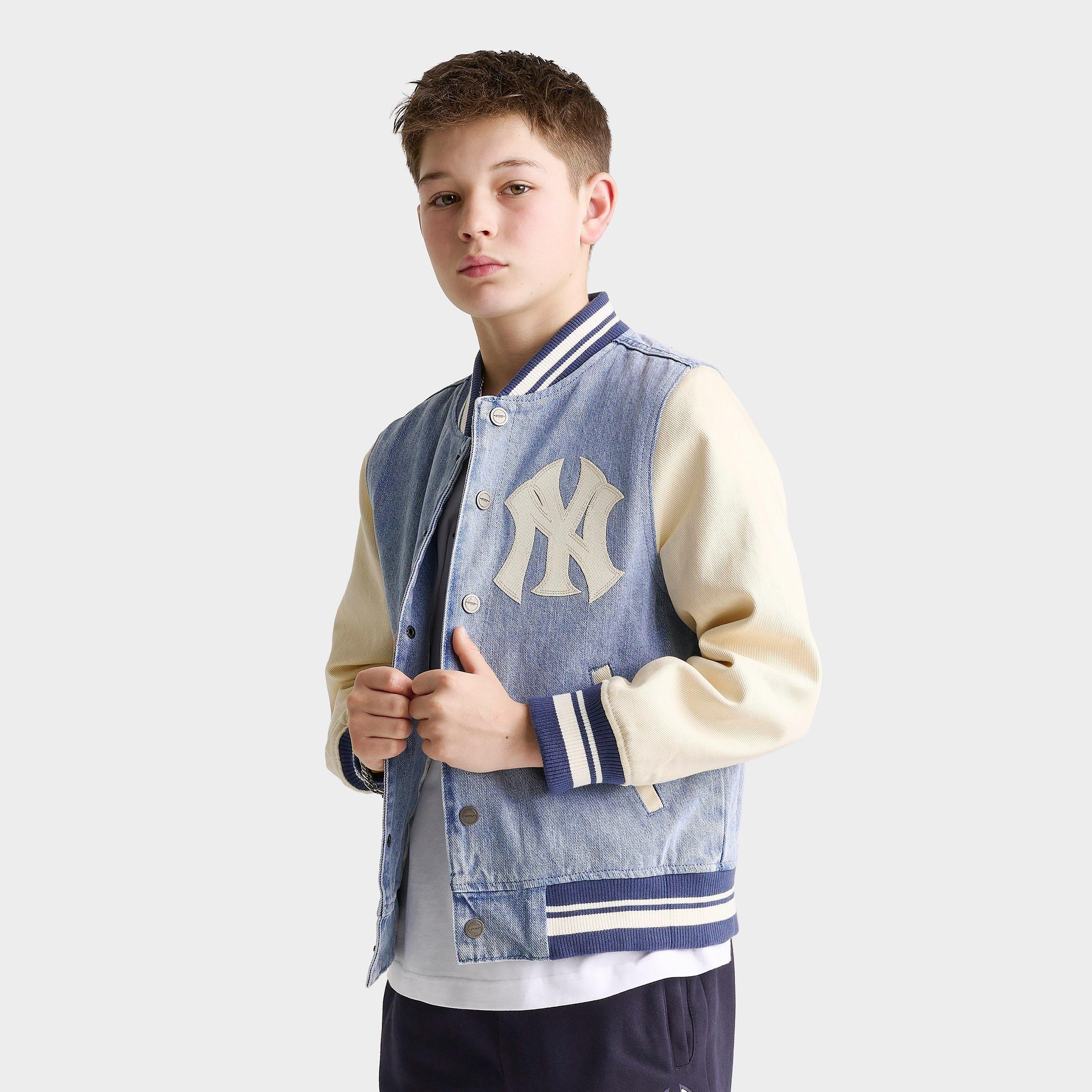 Pro Standard Big Kids New York Yankees MLB Denim Varsity Jacket in Off White/Denim Size: Small