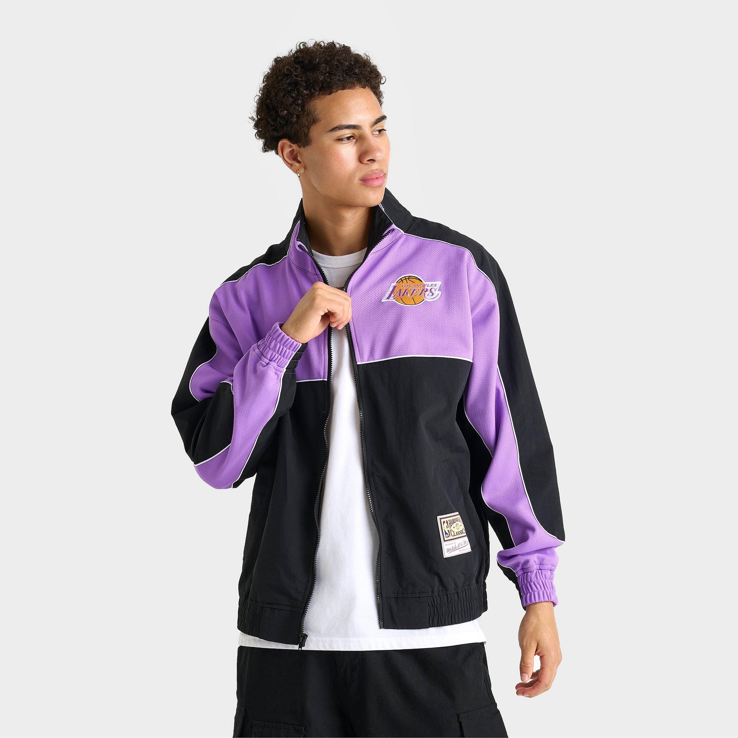 Mitchell And Ness Men's Los Angeles Lakers NBA Mesh Nylon Full-Zip Jacket in Black/Purple/Black Size Medium 100% Nylon